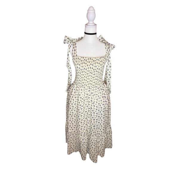 English Factory Floral Maxi Dress Lrg White Purple Smocked Midi Boho Cottage Bow - Picture 2 of 14